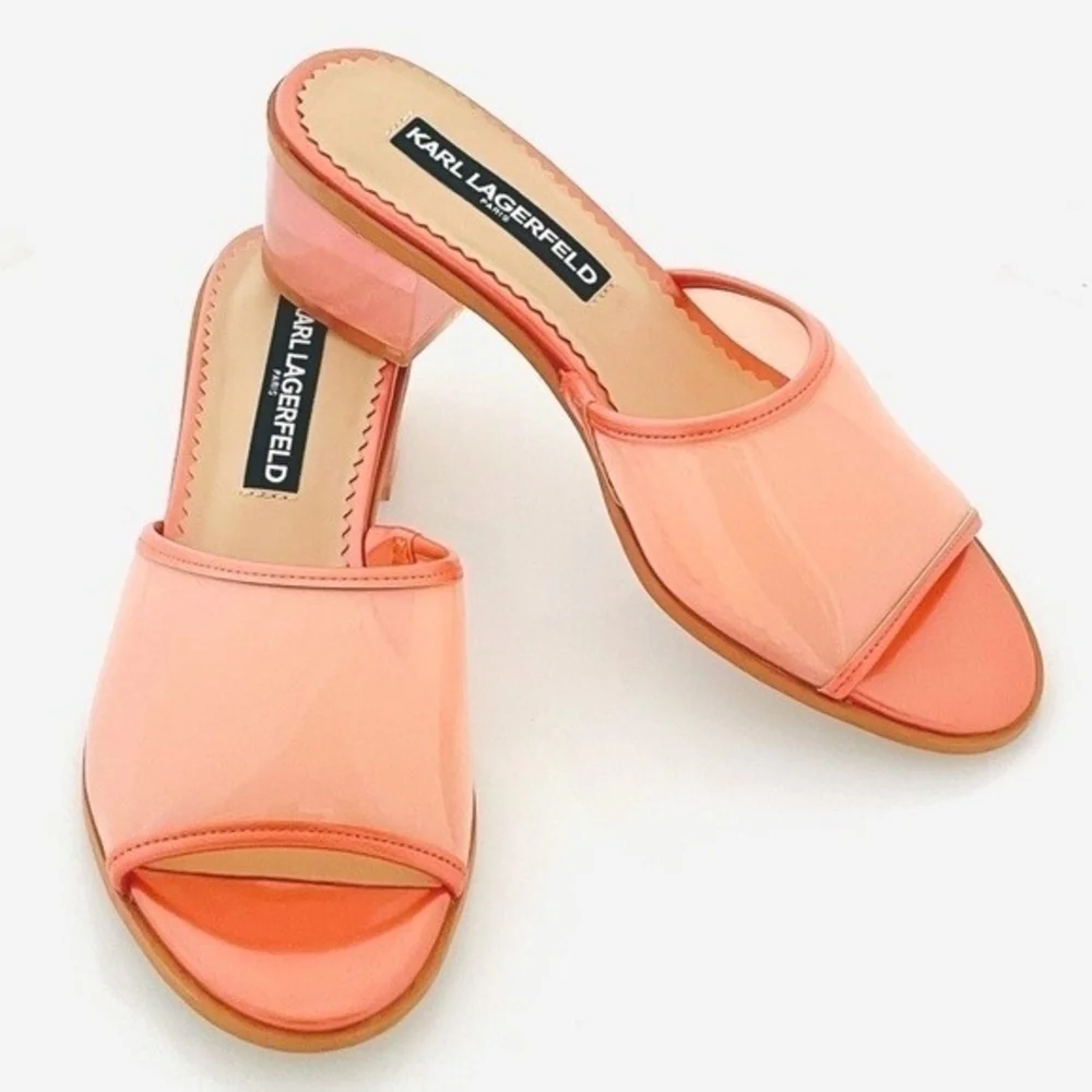 NIB KARL LAGERFELD Paris Coral Transparent Slip-On Block Heel Sandals Size 6